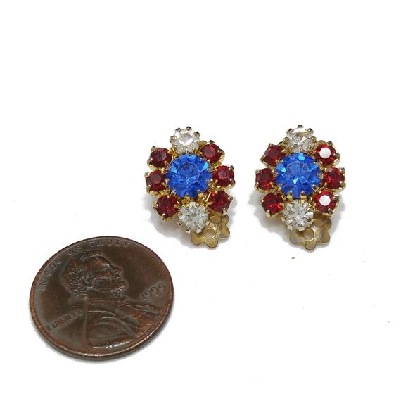 Vintage Lisner Red Blue Patriotic Earrings, Rhinestones Clips, 1950s - Picture 6 of 10